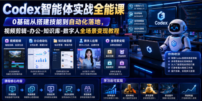 Codex智能体实战全能课|0基础从搭建技能到自动化落地,视频剪辑-办公-知识库-数字人全场景变现教程-摇钱树