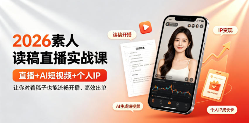 2026素人读稿直播实战课|直播+AI短视频+个人IP,让你对着稿子也能流畅开播、高效出单-摇钱树