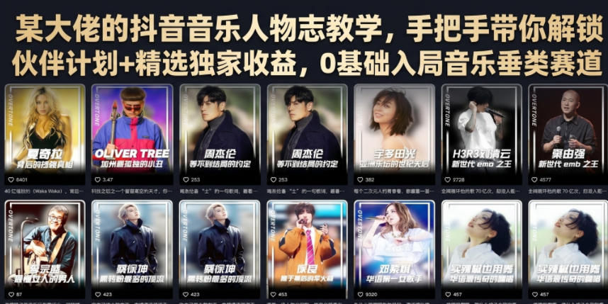某大佬的抖音音乐人物志教学，手把手带你解锁伙伴计划+精选独家收益，0基础入局音乐垂类赛道-摇钱树