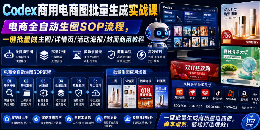 Codex商用电商图批量生成实战课｜电商全自动生图SOP流程，一键批量做主图/详情页/活动海报/封面商用教程-摇钱树