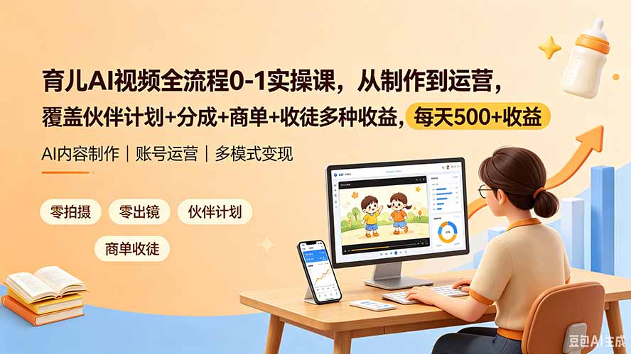 育儿AI视频全流程0-1实操课,从制作到运营,覆盖伙伴计划+分成+商单+收徒多种收益,每天500+收益-摇钱树