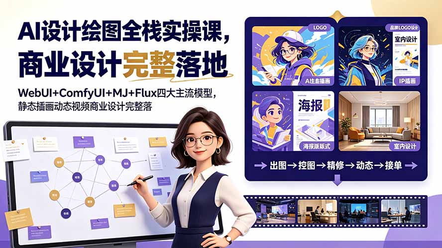 AI设计绘图全栈实操课,WebUI+ComfyUI+MJ+Flux四大主流模型,静态插画动态视频商业设计完整落地教程-摇钱树
