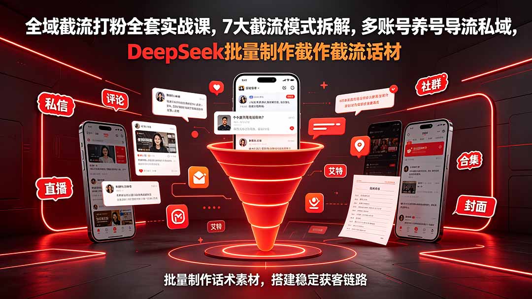 全域截流打粉全套实战课,7大截流模式拆解,多账号养号导流私域,DeepSeek批量制作截流话术素材-摇钱树