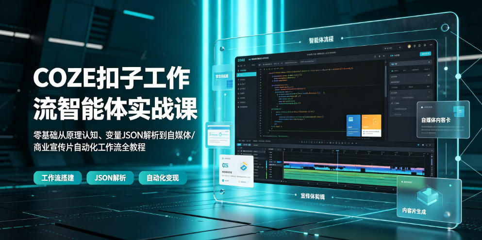 COZE扣子工作流智能体实战课|零基础从原理认知、变量JSON解析到自媒体/商业宣传片自动化工作流全教程-摇钱树
