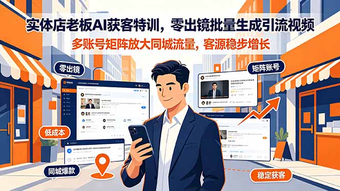实体店老板AI获客特训，零出镜批量生成引流视频，多账号矩阵放大同城流量，客源稳步增长-摇钱树