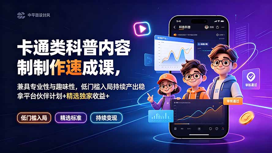 卡通类科普内容制作速成课,兼具专业性与趣味性,低门槛入局持续产出稳拿平台伙伴计划+精选独家收益-摇钱树