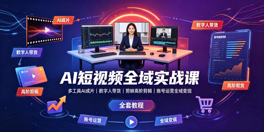 AI短视频全域实战课|多工具AI成片、数字人带货、剪映高阶剪辑、账号运营全域变现全套教程-摇钱树