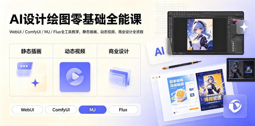 AI设计绘图零基础全能课|WebUI/ComfyUI/MJ/Flux全工具教学,静态插画、动态视频、商业设计全流程-摇钱树