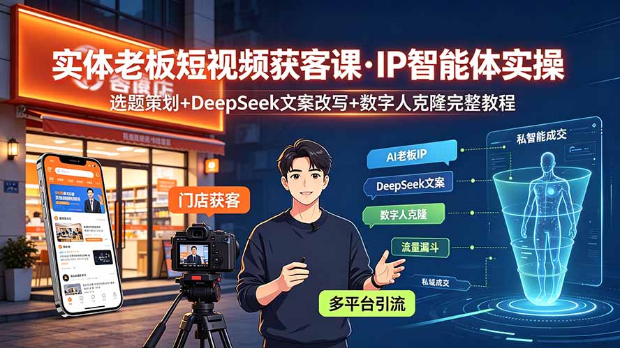 实体老板短视频获客课·IP智能体实操|选题策划+DeepSeek文案改写+数字人克隆完整教程-摇钱树