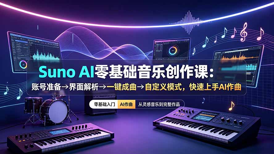 Suno AI零基础音乐创作课:账号准备→界面解析→一键成曲→自定义模式,快速上手AI作曲-轻创驿站