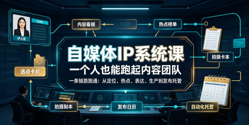 自媒体IP系统课,一个人也能跑起内容团队,一条链路跑通,从定位、热点、表达、生产到发布托管-摇钱树