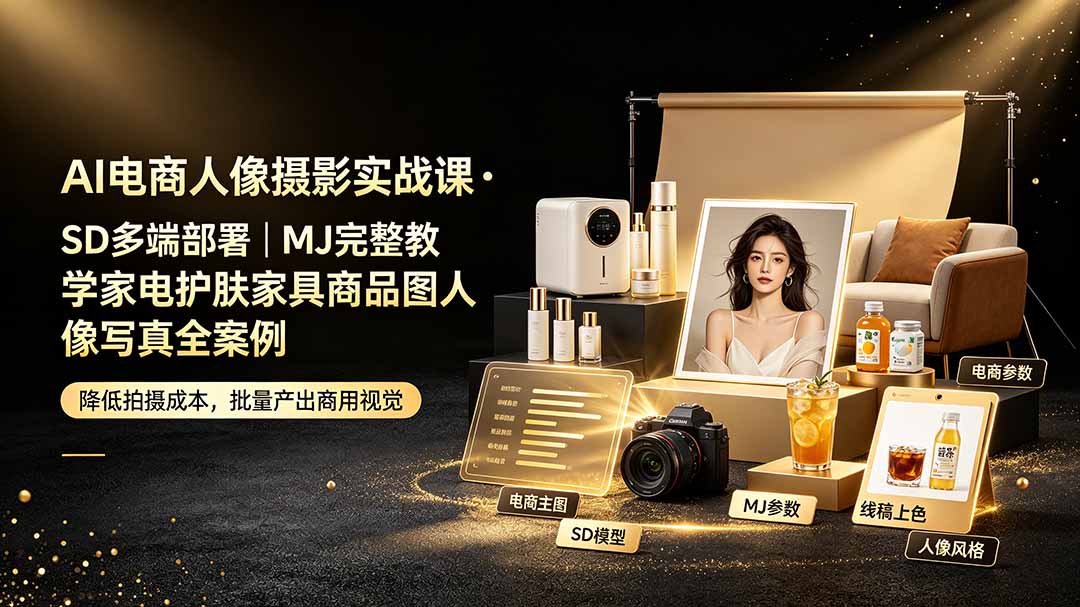 AI电商人像摄影实战课·SD多端部署|MJ完整教学|家电护肤家具商品图人像写真全案例-摇钱树