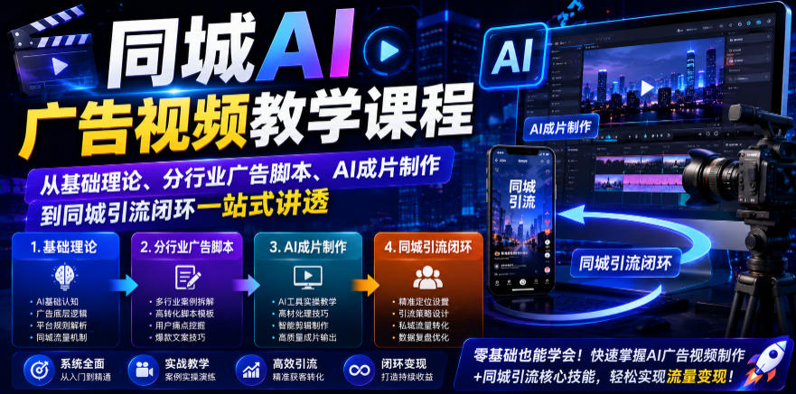 同城AI广告视频教学课程，从基础理论、分行业广告脚本、AI成片制作到同城引流闭环一站式讲透-摇钱树