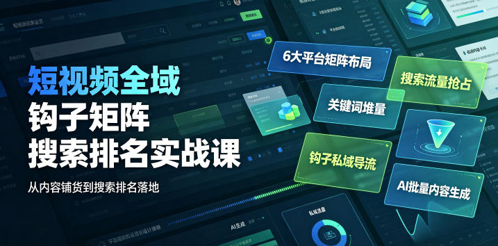 短视频全域钩子矩阵搜索排名实战课|6大平台矩阵布局、关键词堆量抢占搜索流量、钩子私域导流、AI批量内容生成-摇钱树