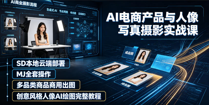 AI电商产品与人像写真摄影实战课|SD本地云端部署、MJ全套操作、多品类商品商用出图、创意风格人像AI绘图完整教程-摇钱树
