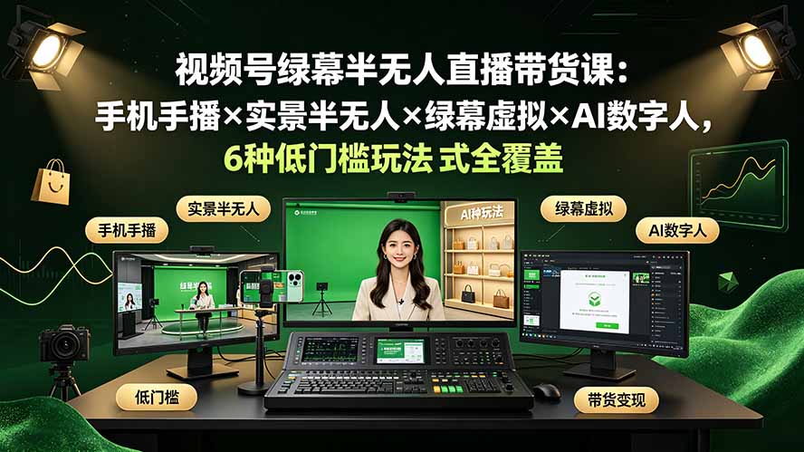 视频号绿幕半无人直播带货课:手机手播×实景半无人×绿幕虚拟×AI数字人,6种低门槛玩法全覆盖-摇钱树