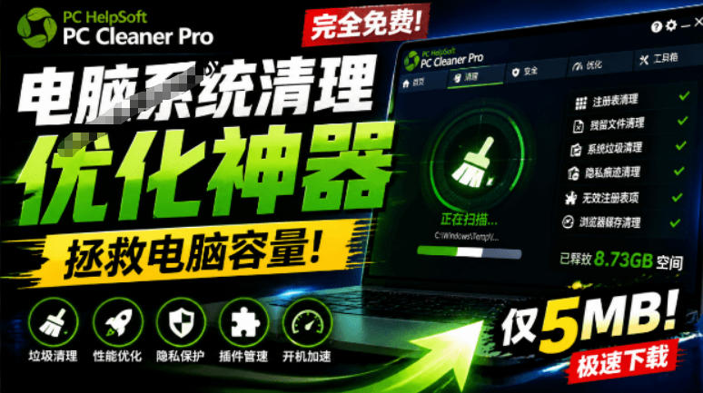 轻松吊打Win系统自带工具！电脑清理神器，拯救电脑容量，仅5MB，完全免费使用PC Cleaner Pro-摇钱树