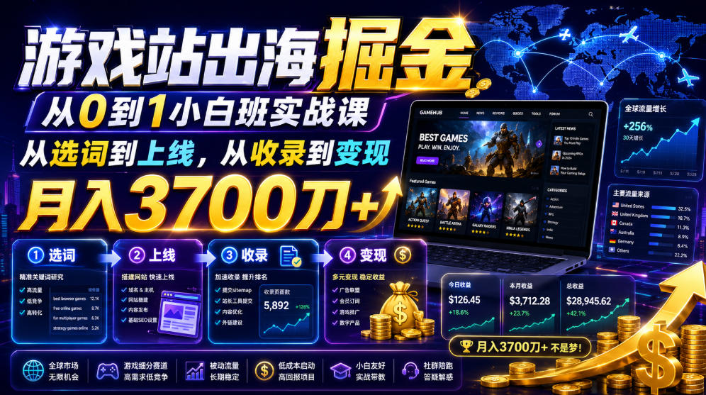 游戏站出海掘金从0到1小白实战课,从选词到上线,从收录到变现,月入3700刀+-摇钱树
