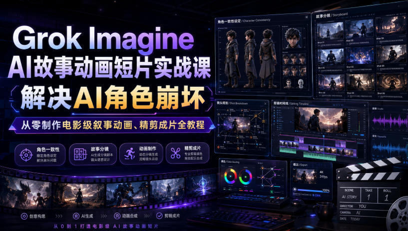 Grok Imagine AI故事动画短片实战课|解决AI角色崩坏,从零制作电影级叙事动画、精剪成片全教程(中英字幕)-摇钱树