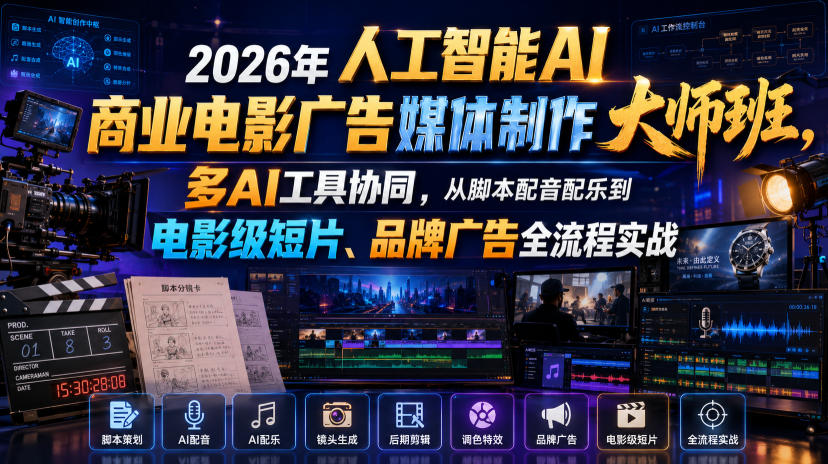 2026年人工智能AI商业电影广告媒体制作大师班，多AI工具协同，从脚本配音配乐到电影级短片、品牌广告全流程实战(中英字幕)-摇钱树