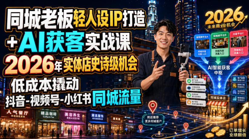 同城老板轻人设IP打造+AI获客实战课,2026年实体店史诗级机会,低成本撬动抖音-视频号-小红书同城流量-轻创驿站