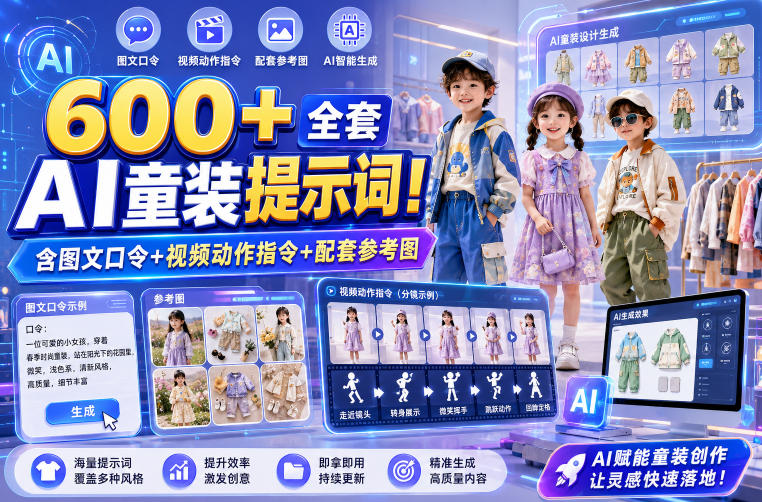 600+全套AI童装提示词！含图文口令+视频动作指令+配套参考图，Word-Excel规整分类，童装电商、种草无脑量产内容！-摇钱树
