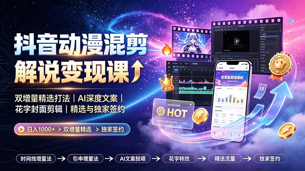 抖音动漫混剪解说变现课:双增量精选打法|AI深度文案|花字封面剪辑| 精选与独家签约日入1000+-金字塔