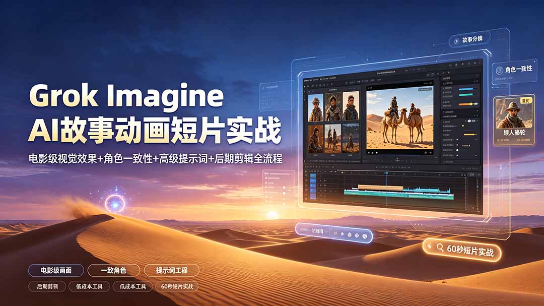 Grok Imagine AI故事动画短片实战：电影级视觉效果+角色一致性+高级提示词+后期剪辑全流程-摇钱树