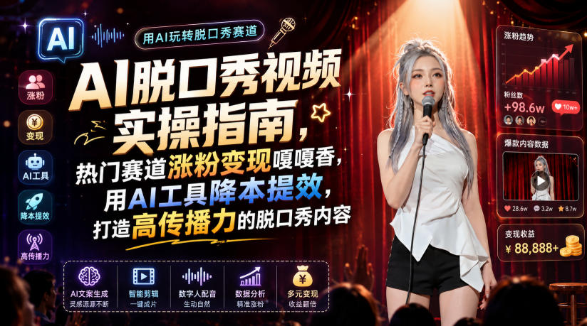 AI脱口秀视频实操指南,热门赛道涨粉变现嘎嘎香,用AI工具降本提效,打造高传播力的脱口秀内容-轻创驿站