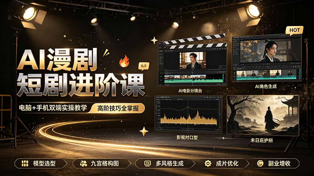 AI漫剧短剧进阶课|电脑+手机双端实操教学|影视剧对口型人物吃瓜×解压末日庇护所全程讲解,高阶技巧全掌握-摇钱树
