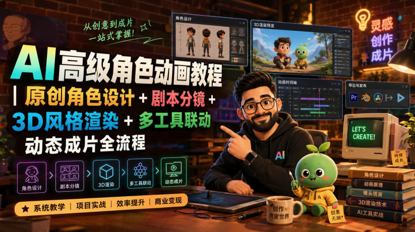 AI高级角色动画教程|原创角色设计+剧本分镜+3D风格渲染+多工具联动动态成片全流程【中英字幕】-摇钱树
