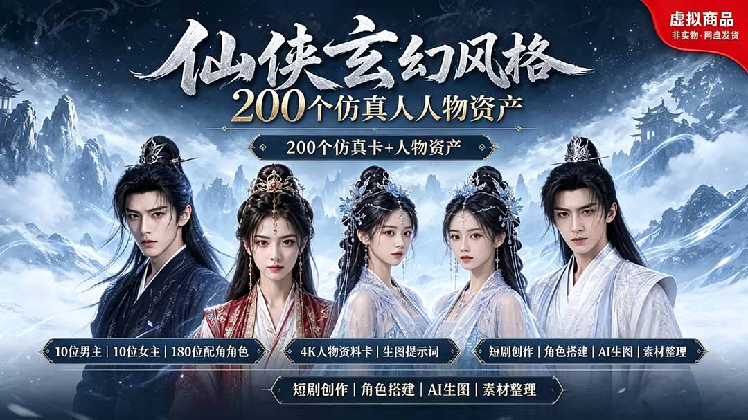 200个仙侠玄幻仿真人素材◆10男主×10女主×180配角，4K资料卡+AI生图提示词，漫剧必备-摇钱树