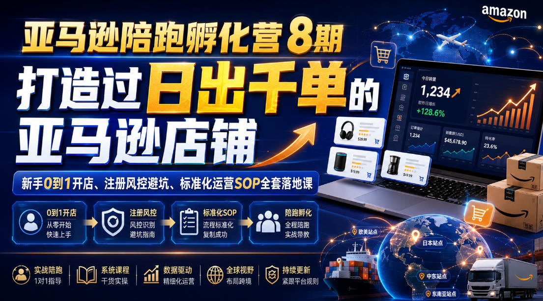亚马逊陪跑孵化营8期,打造过日出千单的亚马逊店铺,新手0到1开店、注册风控避坑、标准化运营SOP全套落地课-摇钱树