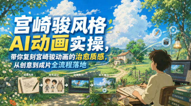 宫崎骏风格AI动画实操,带你复刻宫崎骏动画的治愈质感,从创意到成片全流程落地-摇钱树