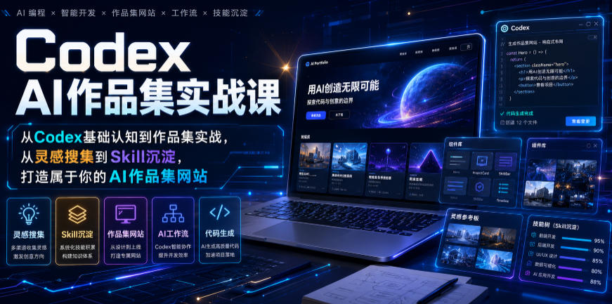 Codex AI作品集实战课,从Codex基础认知到作品集实战,从灵感搜集到Skill沉淀,打造属于你的AI作品集网站-摇钱树