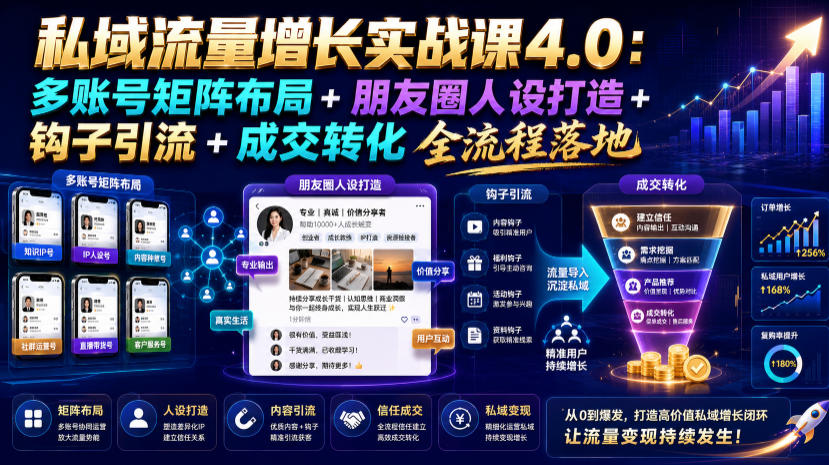 私域流量增长实战课4.0:多账号矩阵布局+朋友圈人设打造+钩子引流+成交转化全流程落地-摇钱树