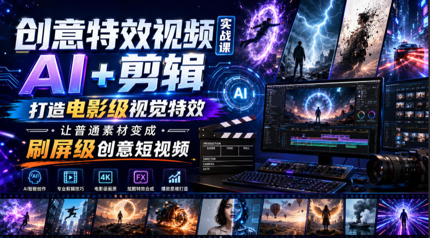 创意特效视频实战课,AI+剪辑打造电影级视觉特效,让普通素材变成刷屏级创意短视频-摇钱树