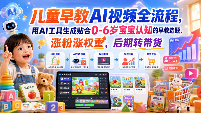 儿童早教AI视频全流程,用AI工具生成贴合0-6岁宝宝认知的早教选题,涨粉涨权重,后期转带货-轻创驿站