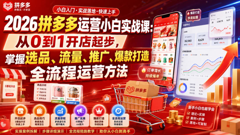 2026拼多多运营小白实战课：从0到1开店起步，掌握选品、流量、推广、爆款打造全流程运营方法-摇钱树