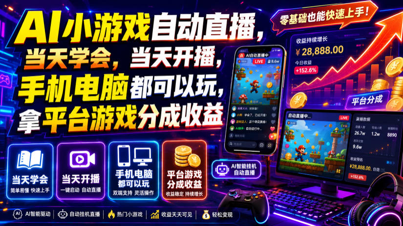 AI小游戏自动直播，当天学会，当天开播，手机电脑都可以玩，拿平台游戏分成收益-摇钱树