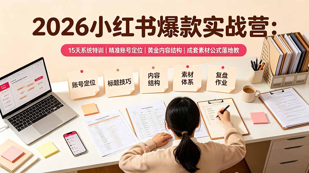 2026小红书爆款实战营:15天系统特训|精准账号定位|黄金内容结构|成套素材公式落地教程-轻创驿站