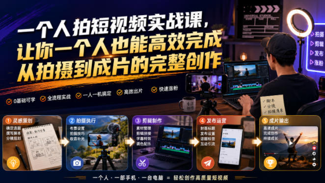 一个人拍短视频实战课,让你一个人也能高效完成从拍摄到成片的完整创作-摇钱树