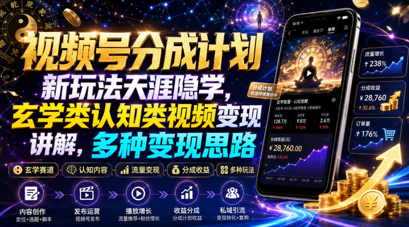视频号分成计划新玩法天涯隐学，玄学类认知类视频变现讲解，多种变现思路-摇钱树