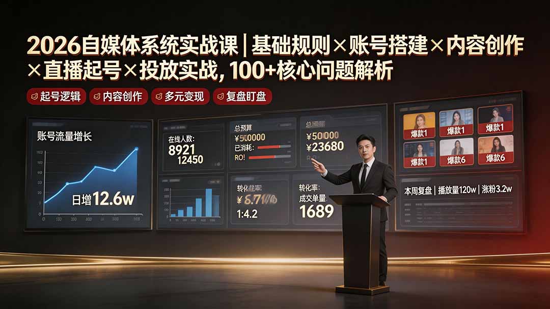 2026自媒体系统实战课｜基础规则×账号搭建×内容创作×直播起号×投放实战，100+核心问题解析-摇钱树
