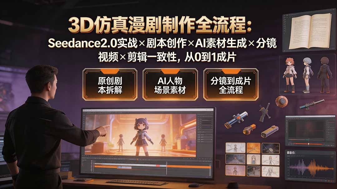 3D仿真漫剧制作全流程:Seedance2.0实战×剧本创作×AI素材生成×分镜视频×剪辑一致性,从0到1成片-摇钱树