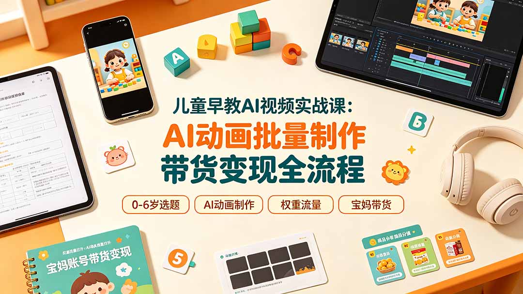儿童早教AI视频实战课:0-6岁认知选题|AI动画批量制作|权重流量拉升|宝妈账号带货变现全流程-摇钱树