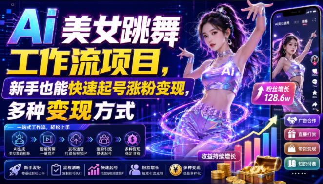 Ai美女跳舞工作流项目，新手也能快速起号涨粉变现，多种变现方式-摇钱树