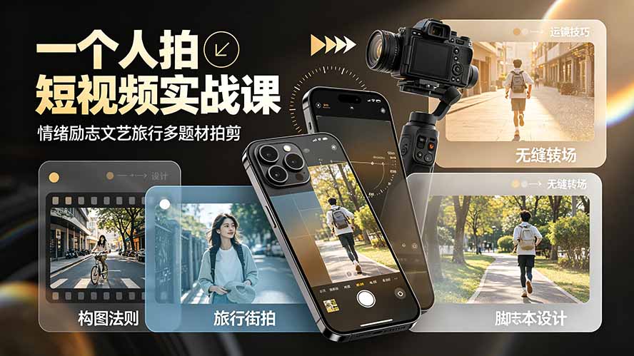 一个人拍短视频实战课:情绪励志文艺旅行多题材×五大景别×黄金构图×八大运镜,从拍摄到成片高效创作-摇钱树