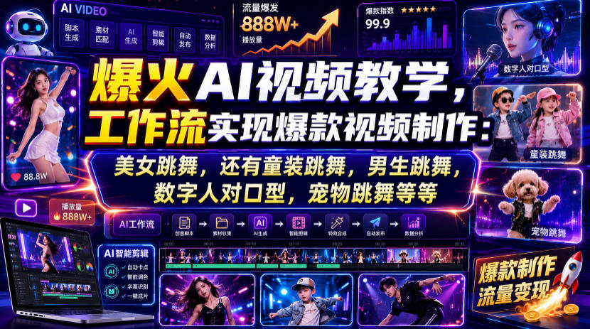 爆火AI视频教学,工作流实现爆款视频制作:美女跳舞,还有童装跳舞,男生跳舞,数字人对口型,宠物跳舞等等-摇钱树
