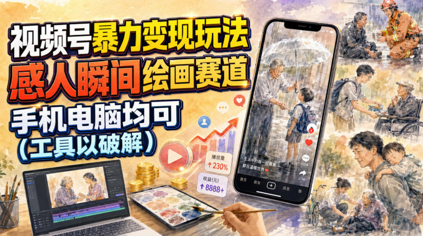 视频号暴力变现玩法，感人瞬间绘画赛道，手机电脑均可-摇钱树